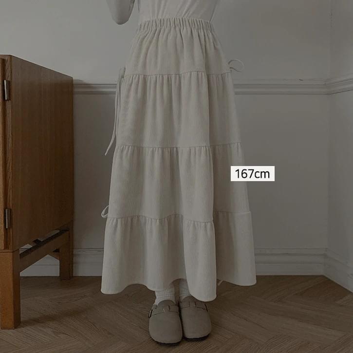 Ribbon cancan banding corduroy flare skirt