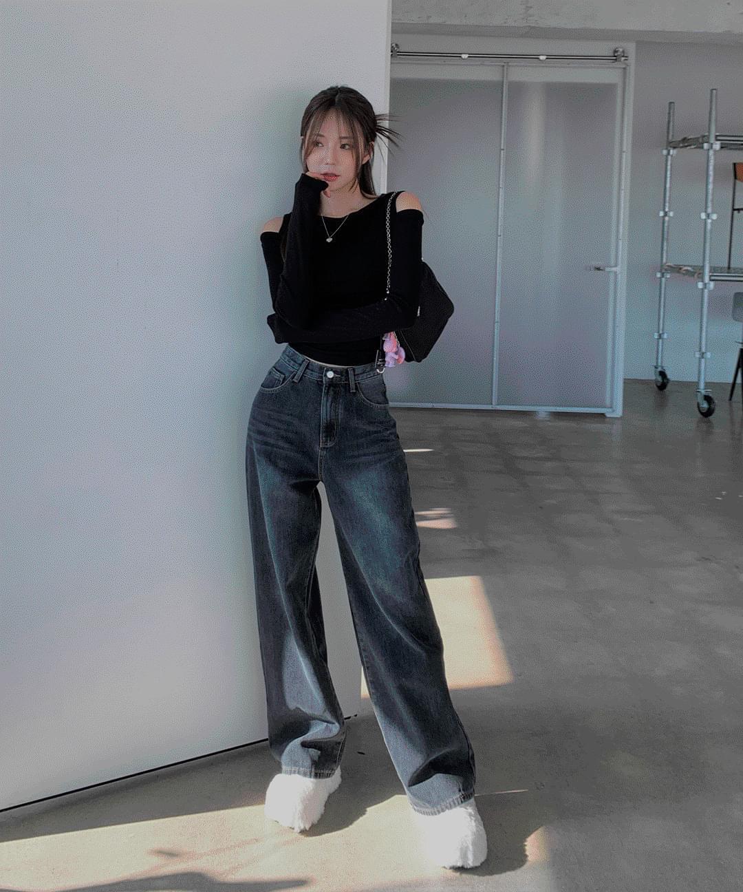 Chili Dark Blue High Waist Fleece-lined Semi Wide Denim Pants (Ships Today)