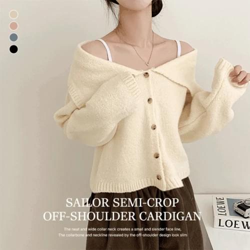 Double Bean Alpaca Sailor Off Shoulder Crop Cardigan