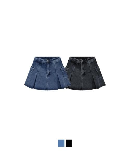 That denim cargo pleated mini skirt 裙子