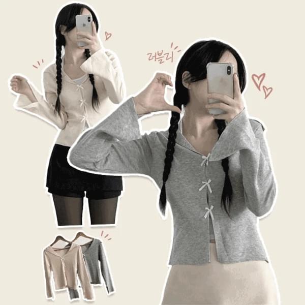 Roney Lovely V- V-Neck Slim Fit Ribbon Integrated Hem Team Trumpet Sleeve Knitwear T-Shirt