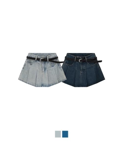 우영 벨트 데님 플리츠 미니 스커트