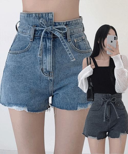 처링 데님 끈 언발 컷팅 숏 팬츠