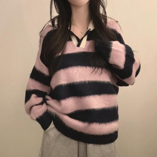Striped Karaneck Brush Knitwear 4color