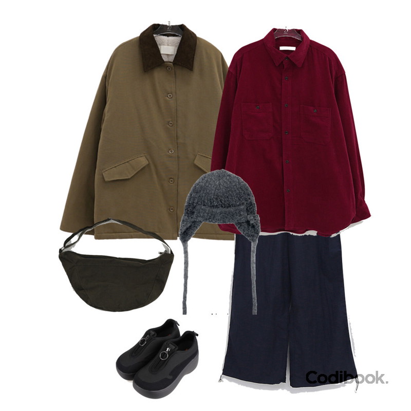 DAILYJOU 깁슨 글로시 밴딩 팬츠(공용),AAKE MIX EARFLAP HAT (3color),COLOR iN ID 웨어러블 통굽 스니커즈등을 매치한 코디