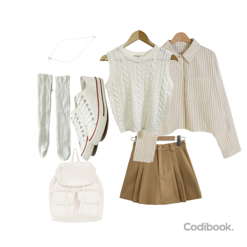 VANHECER 베이직 캔버스 스니커즈 S#JI060,byclothes 아이웰 꽈배기 베스트,From Beginning 프티리본 네크리스 (2color)등을 매치한 코디