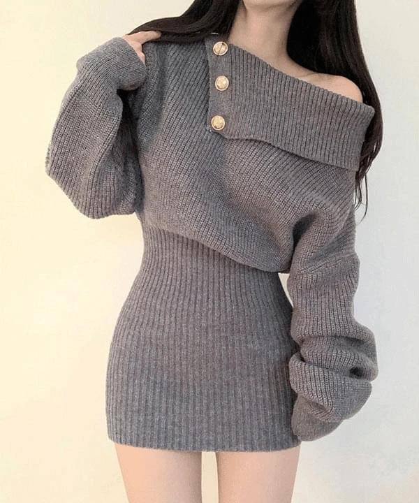Ellidi Gold Button Off-Shoulder Knitwear Mini Dress