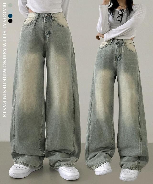 Diagonal Split Faded wide denim pants