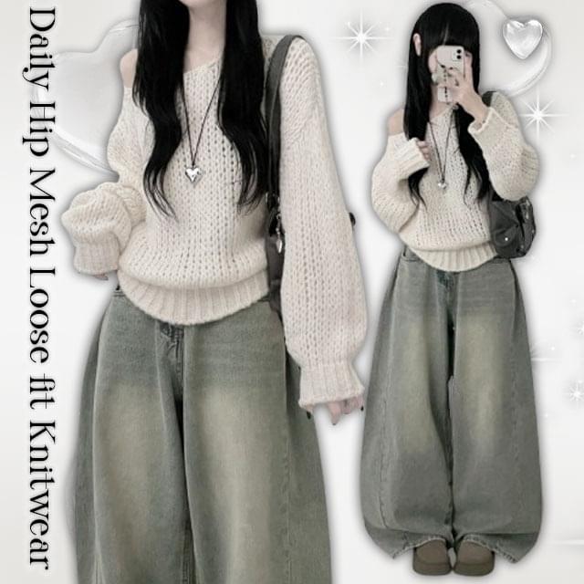 Thick Soft Mesh Lip Neck Loose-fit Knitwear 