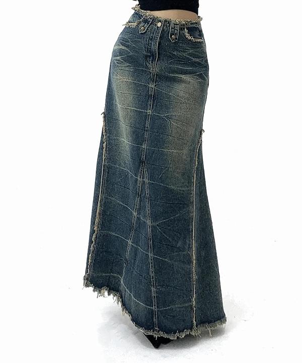 Vintage Unique Faded Surgery Low Rise A-Line Maxi Denim Long Skirt