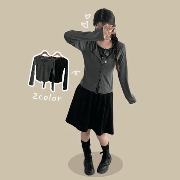 Domestically produced Dane Tripe Striped inner T-shirt integrated layered button loose Loose-fit cardigan