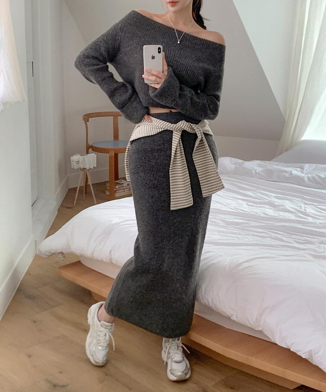 Verne Off-Shoulder Crop Knitwear Long Skirt Two-Piece Set