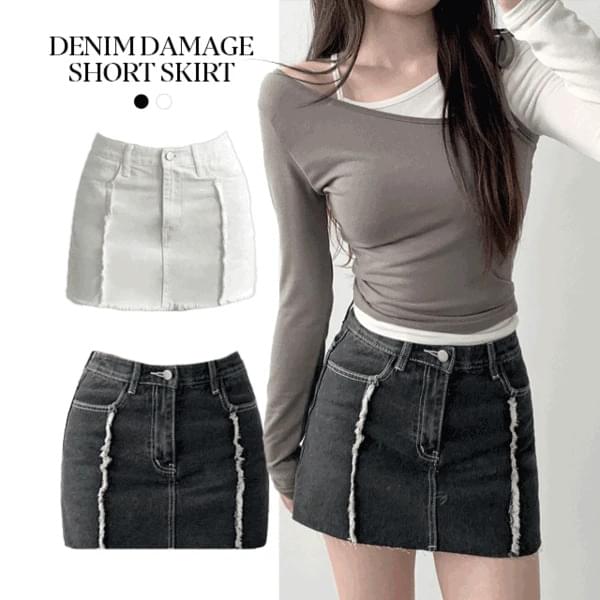Renault Cotton A-line Denim Surgical Split Point Pocket Hem Damage Short Skirt