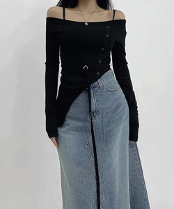 Strap unbalanced cutting off-shoulder long sleeve t-shirt top