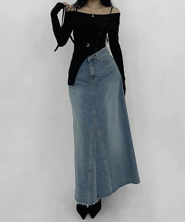 Twin Faded Daily Cutting Denim Maxi Flare Long Skirt
