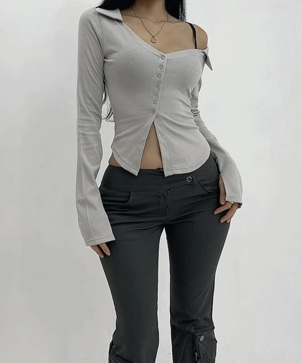 Snap Unique Slim Deep V V-Neck One Shoulder Collar Crop T-Shirt Top