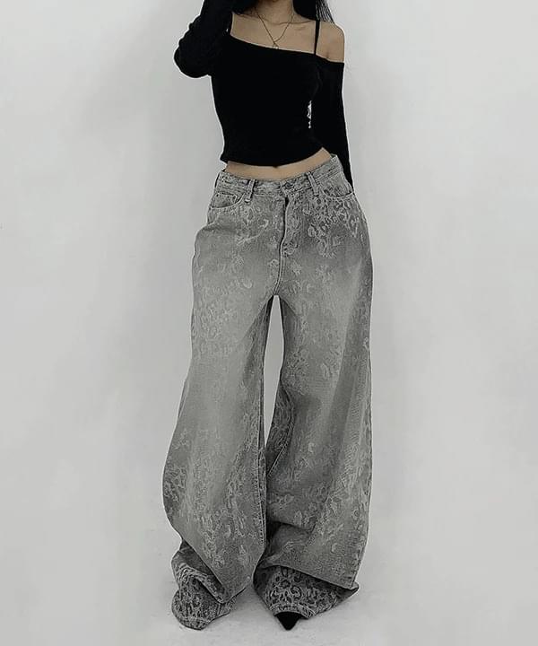 Gray Unique Faded Leopard Maxi Overfit Denim Wide Pants