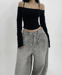 Ad Slim Angora V-Neck -Neck Off Shoulder Crop T-Shirt Top