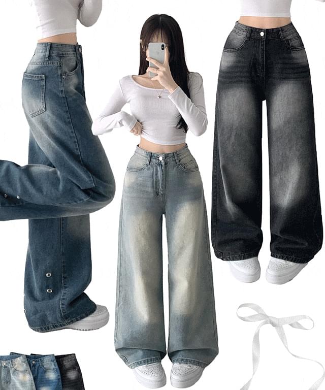 Play Vintage Faded Back Snap Button Wide Denim Pants High Waist Low Jeans