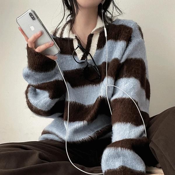 灰色條紋V領安哥拉寬鬆針織上衣