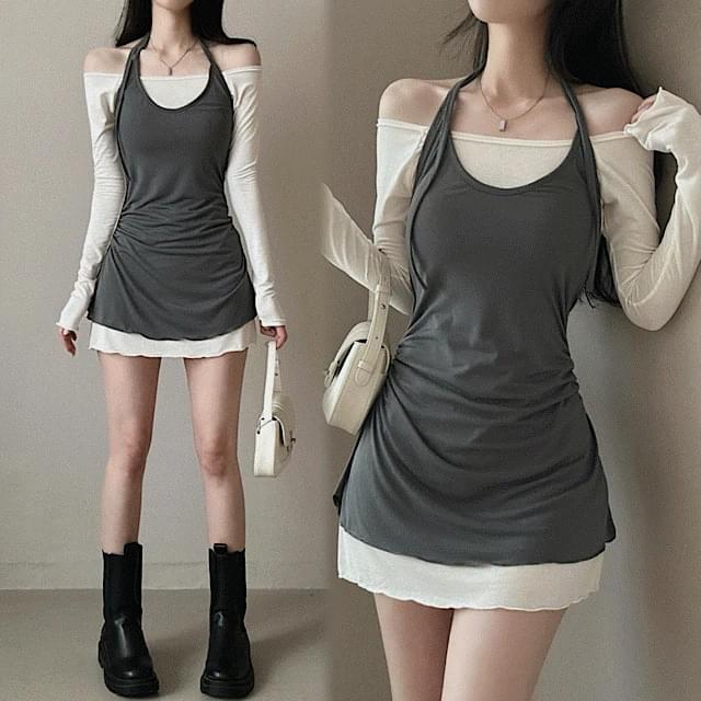 One-piece halter off-shoulder shirring bustier mini one Dress 2 colors