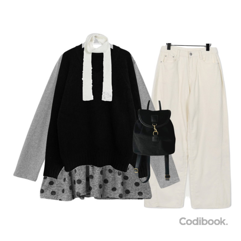 Qnigirls 설드#버클스웨이드백팩,Cozy&Kitsch 래빗 화이트 퍼 목도리,ccomeng 도톰프리나그랑브이넥긴팔니트(12color)등을 매치한 코디