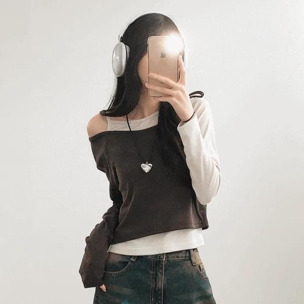 Layered set one shoulder ballet core color blocking layered long sleeve t-shirt 2 colors