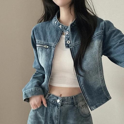 Biker Faded Crop Denim Jacket 2color