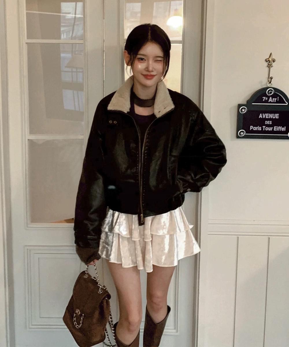 Leather fur Shearling Jacket jacket high neck fur lining snap button banding casual vintage chic winter outerwear daily look date look brown black 2COL (Ships Today)