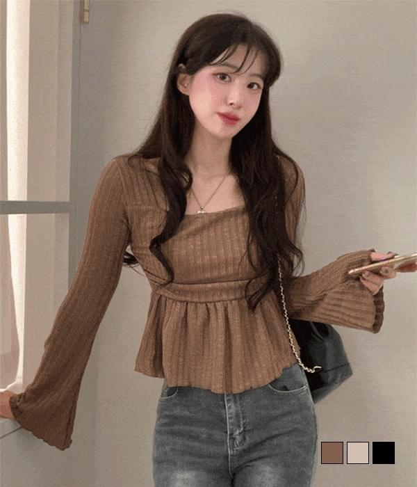 Seti Sleeveless Trumpet Square Neck Flare Ribbed Knitwear Long Sleeve T-Shirt (Ships Today)