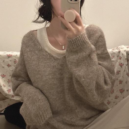 원오프숄더 브이넥 루즈핏 니트 나시세트 3color (당일 출고)