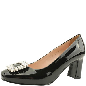 Domestically produced enamel cubic brooch high heel pumps black
