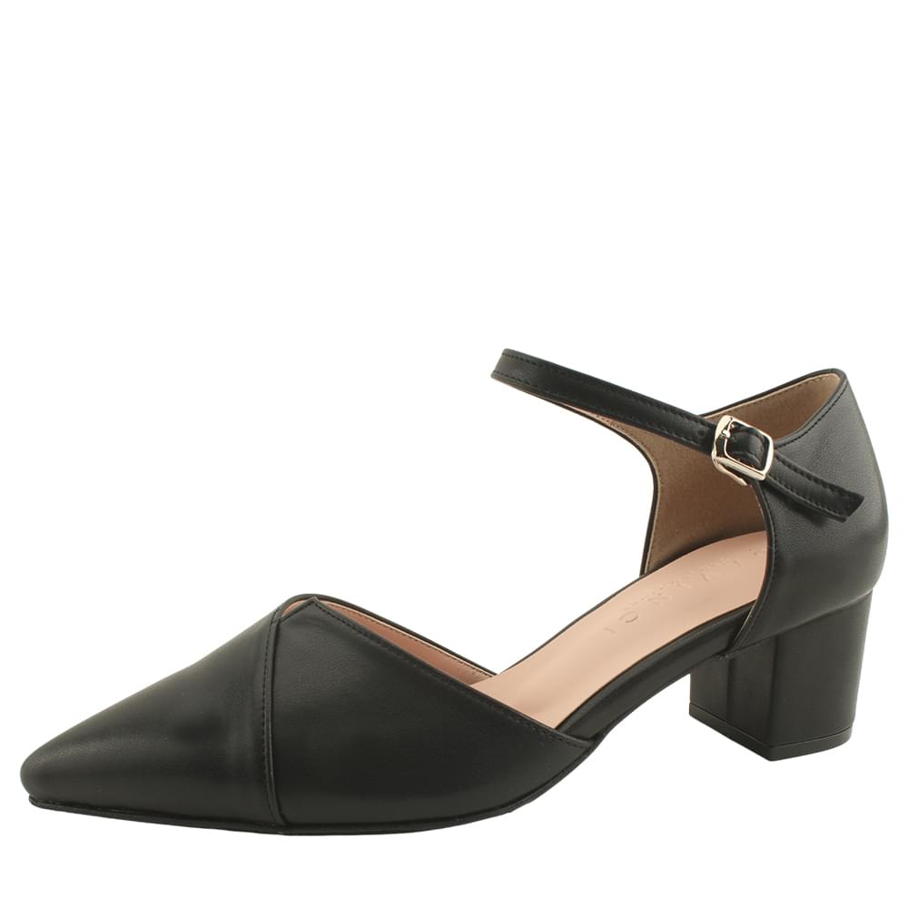 Domestically produced stiletto heel side open strap mid heel black