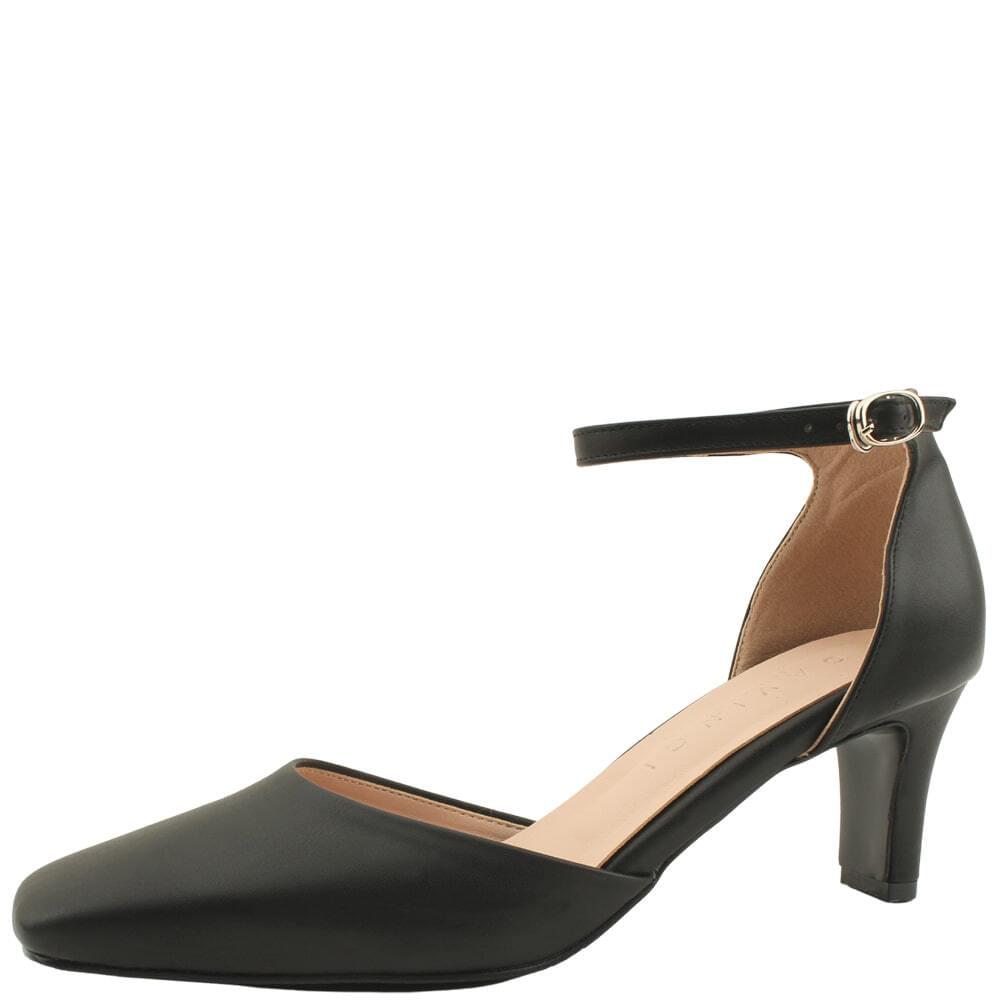 Domestically produced square toe ankle strap mid heel 6cm black