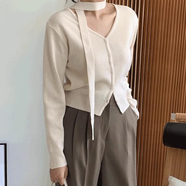 Spring Ali Scarf V-Neck Neck Crop Long Sleeve Cardigan SET P000BNFR