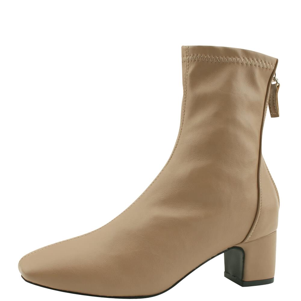 Spandex square toe mid heel ankle boots 5cm beige