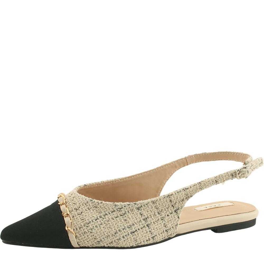 Wool check chain stiletto heel flat pumps beige