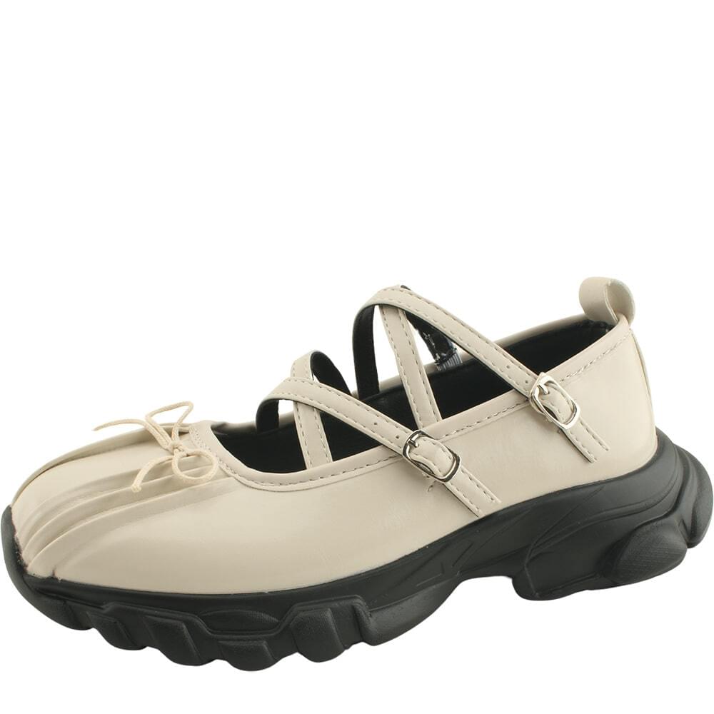 Ribbon shirring thong mary jane mid heel sneakers beige