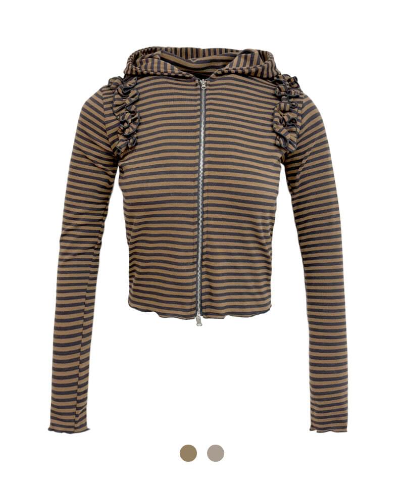 Striped Frill Hooded Zip-Up