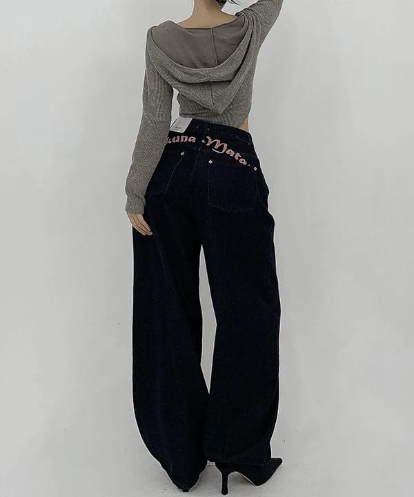 Lettering Unique Dark Blue Denim Balloon Wide Pants