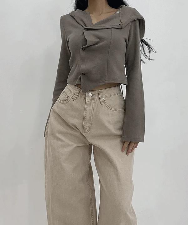 Liz Unique Basic Unbalanced Shirring Crop Hooded Cardigan Top