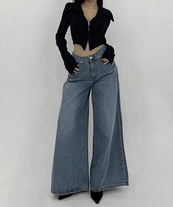 Jerry Daily Faded Middle Low Rise Blue Denim Wide Pants