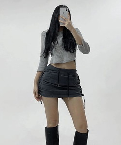 Sporty cotton banding side shirring string skirt mini skirt