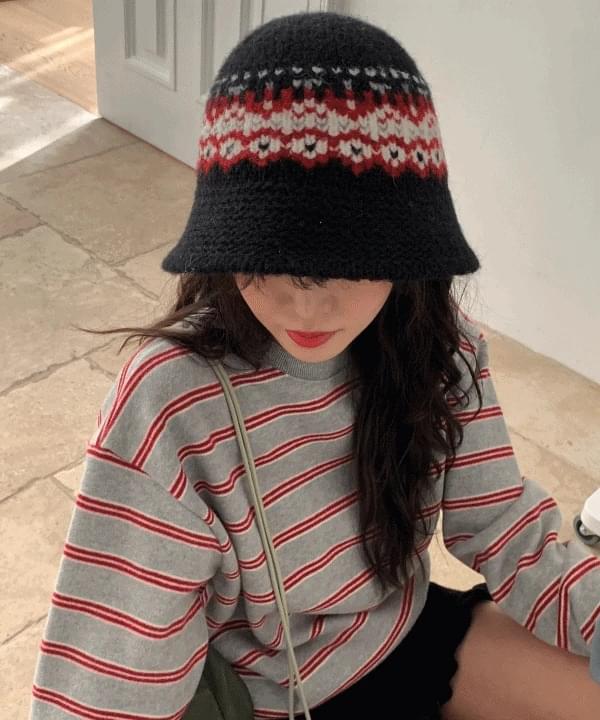 Terry Nordic Knitwear Bucket Hat Geometric Pattern Knit Bucket Hat 3 Colors