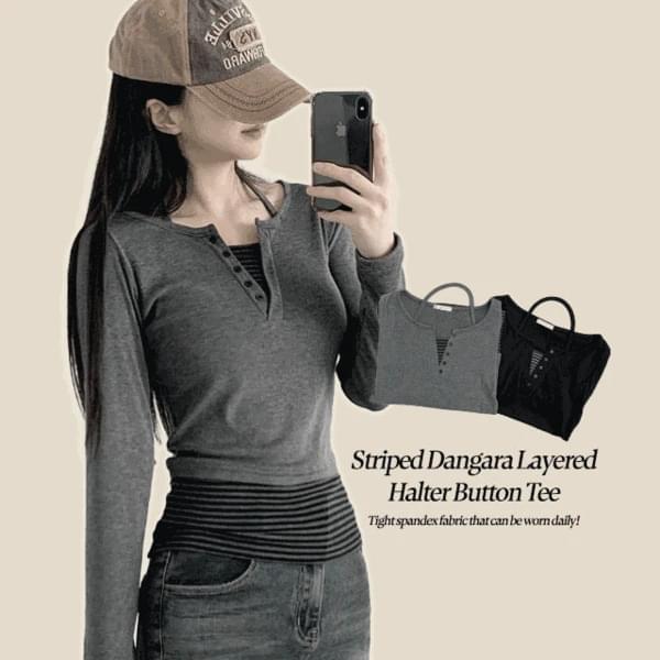 Gran Striped Stripe Ribbed Halter Neck Button Long Sleeve T-Shirt