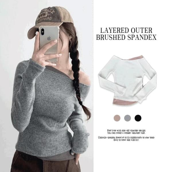 Bosul outer Fleece-lined one-off shoulder color blocking unbalanced pin tuck t-shirt