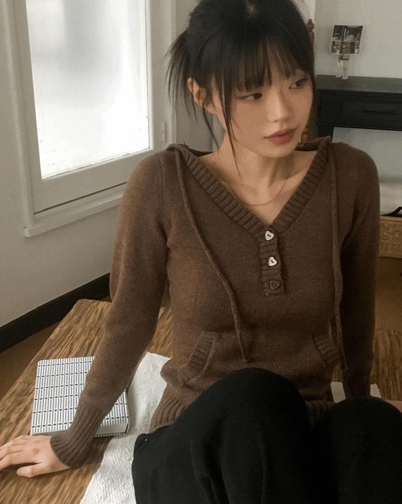 Golds Heart Button Pocket Hooded Knitwear