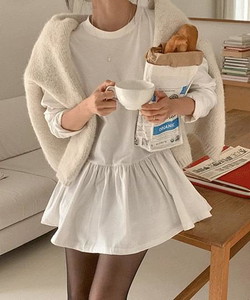 Muni Shirring Frill T-Shirt Flare Layered Mini Dress