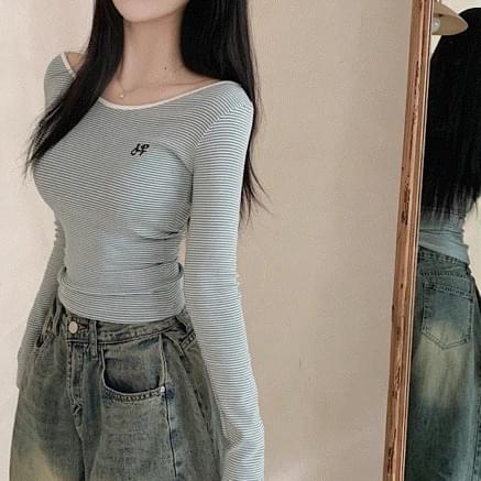 Color block stripe embroidery slim long sleeve 4color