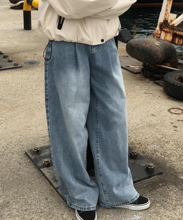 Lanto Natural Nan Spandex Faded Wide Pintuck Black Denim Dark Blue Blue Gray Denim Pants Long Jeans 3 Colors